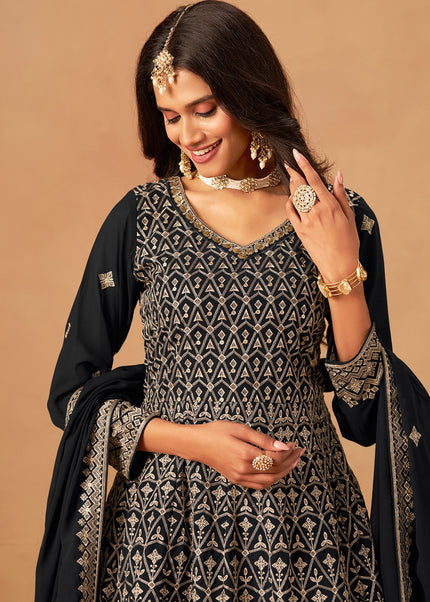 Black Embroidered Sharara Suit