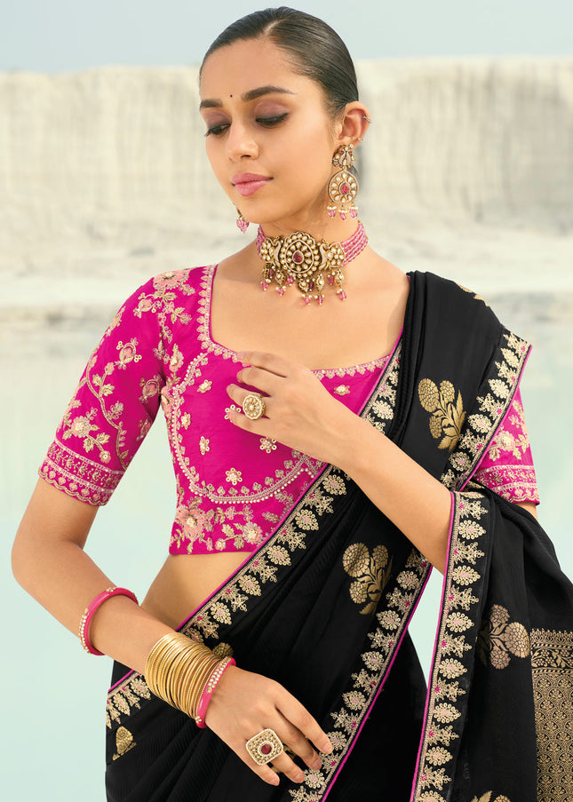 Pink and Black Embroidered Saree