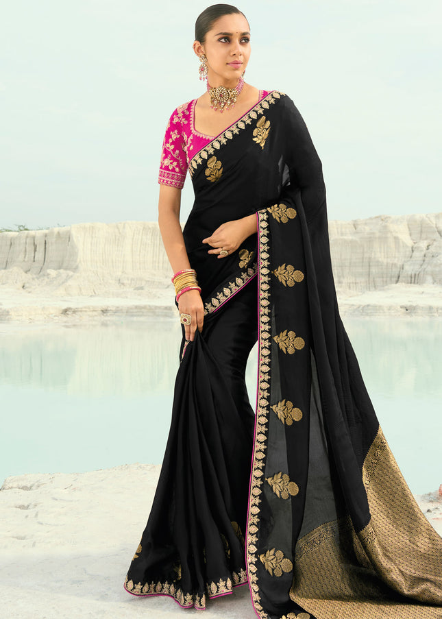 Pink and Black Embroidered Saree
