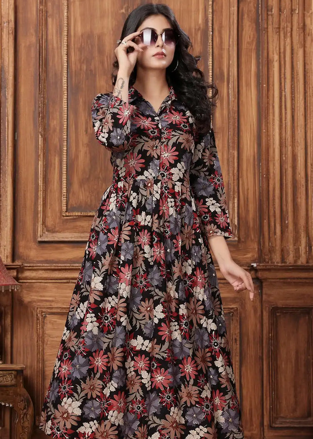 Black Floral Embroidered Pant Style Suit