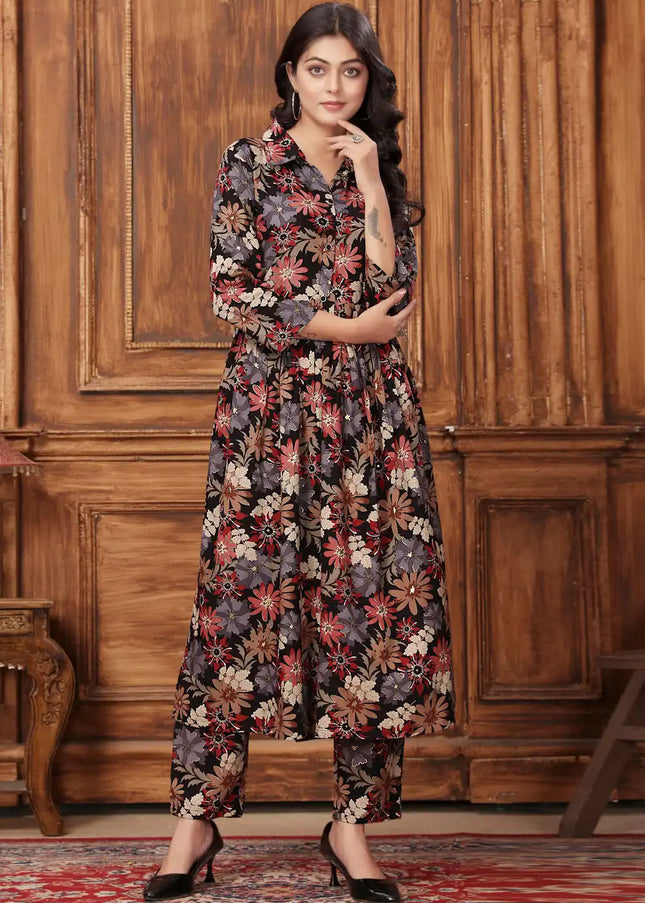 Black Floral Embroidered Pant Style Suit