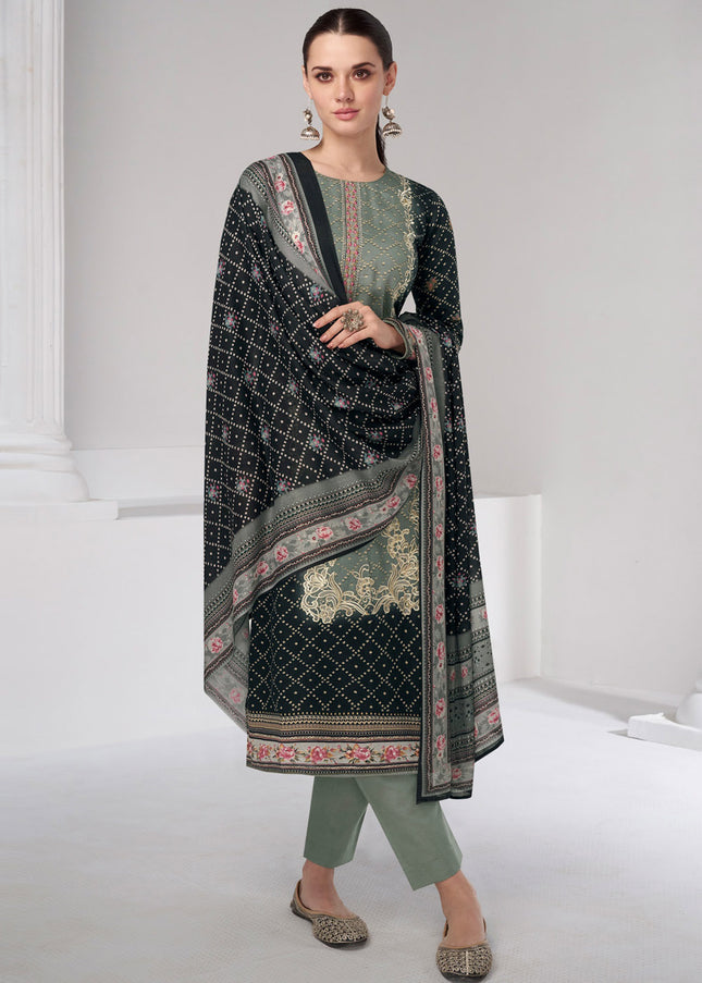 Grey and Black Embroidered Straight Suit