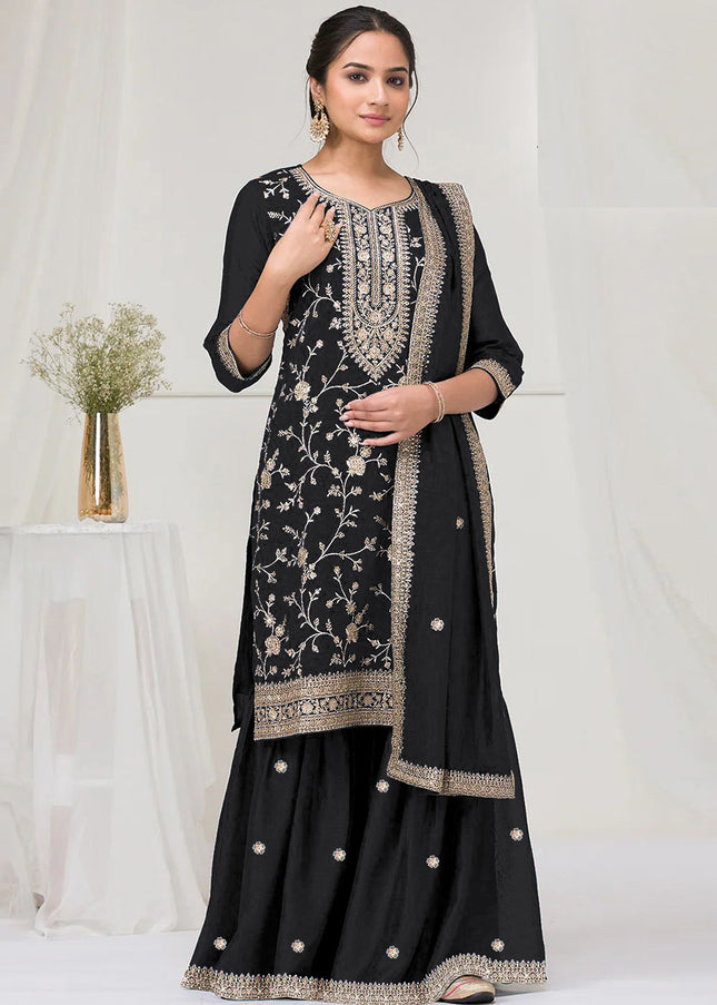 Black Embroidered Sharara Suit