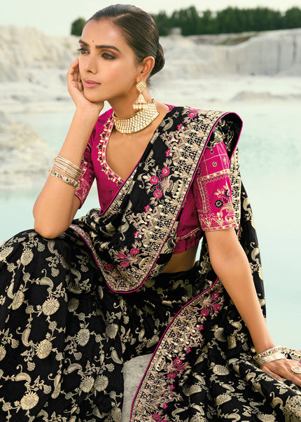 Pink and Black Embroidered Saree