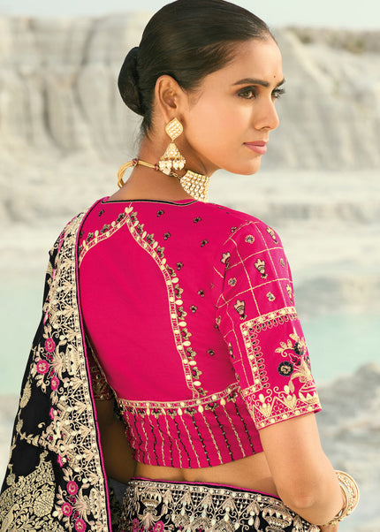 Pink and Black Embroidered Saree