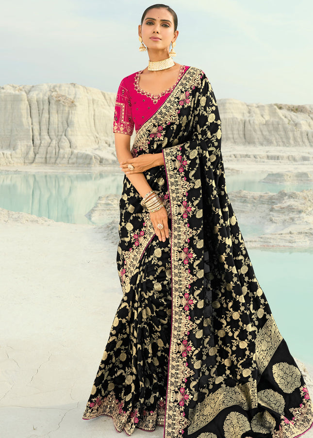 Pink and Black Embroidered Saree