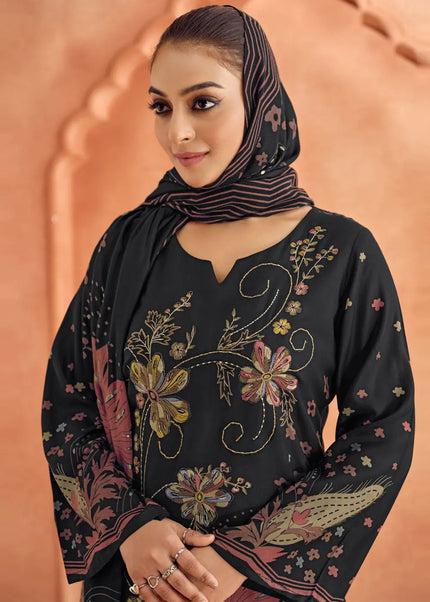 Black Multicolor Printed and Embroidered Pant Suit