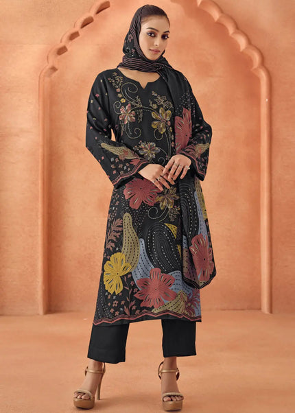 Black Multicolor Printed and Embroidered Pant Suit