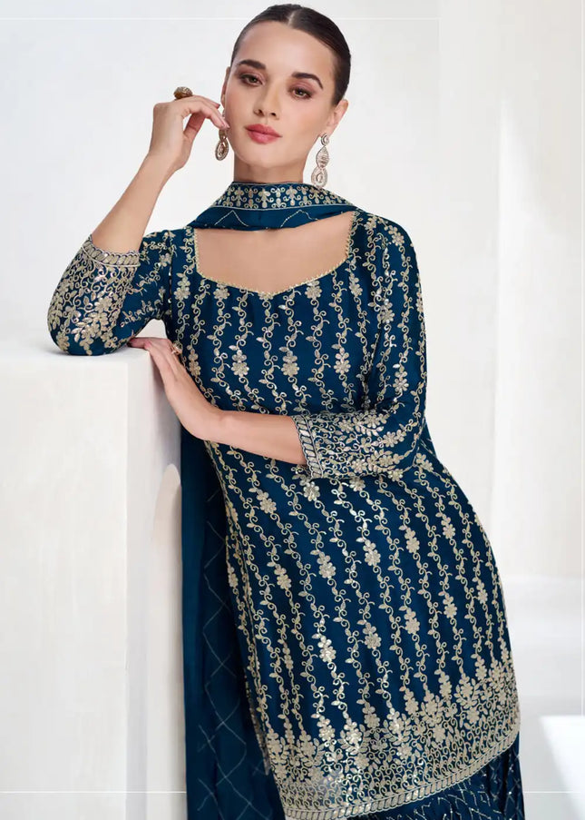 Blue Embroidered Gharara Suit