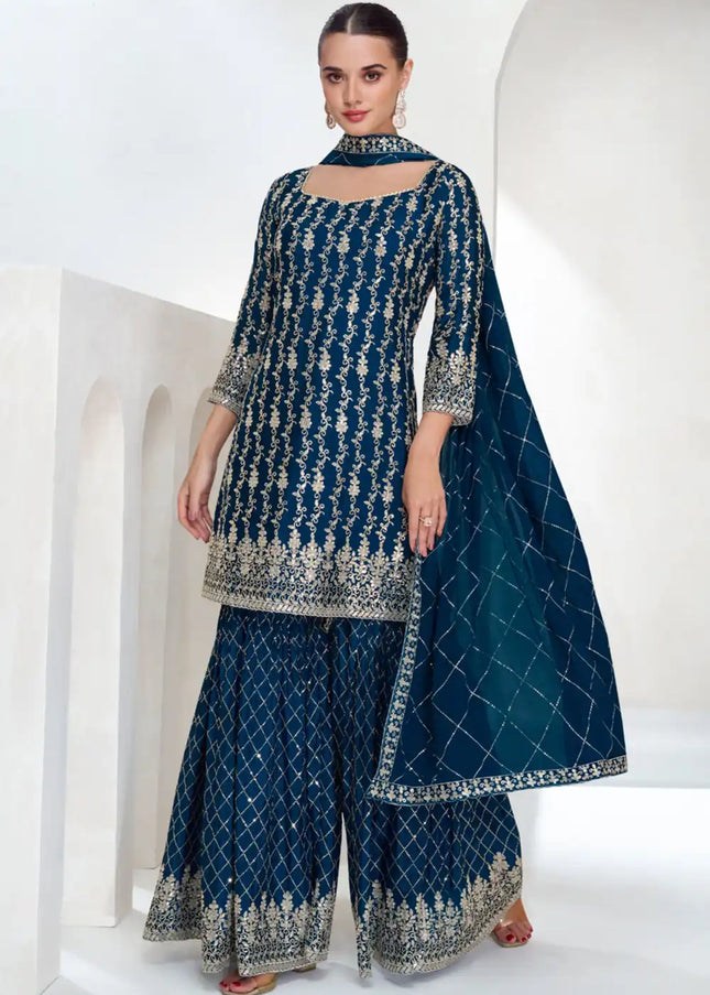 Blue Embroidered Gharara Suit