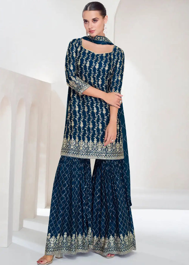 Blue Embroidered Gharara Suit