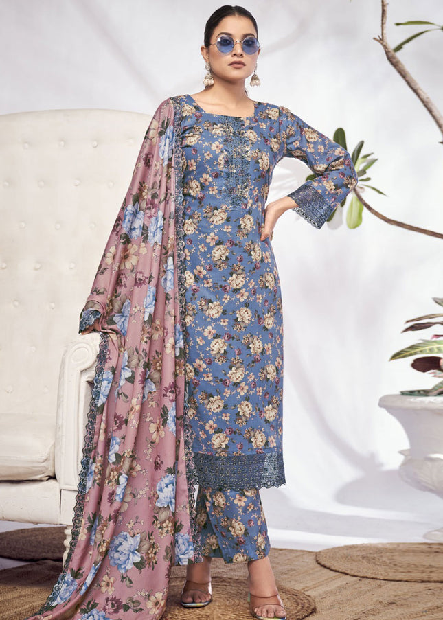 Blue and Pink Floral Printed and Embroidered Pant Style Suit