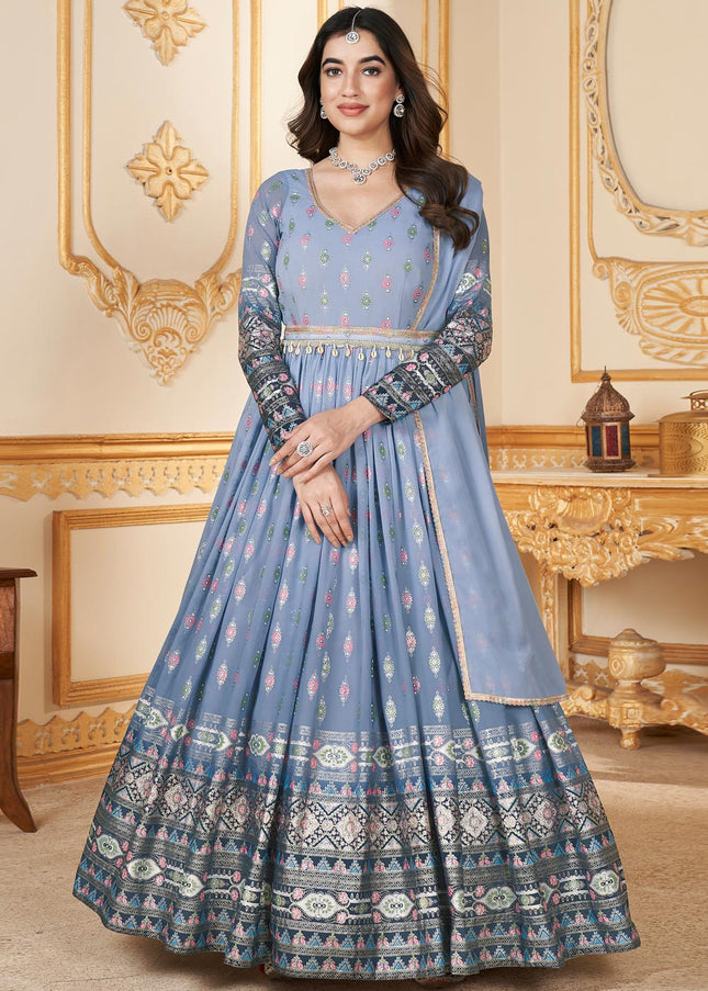 Powder Blue Embroidered Anarkali Gown