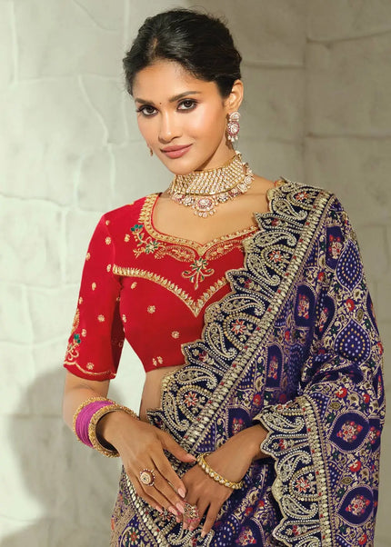 Pink and Blue Embroidered Saree