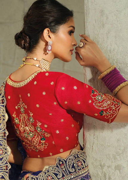 Pink and Blue Embroidered Saree