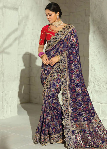 Pink and Blue Embroidered Saree