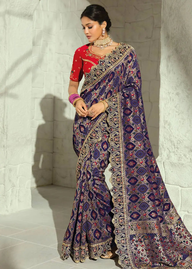 Pink and Blue Embroidered Saree