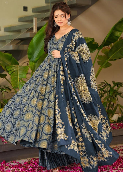 Blue Printed Anarkali Suit