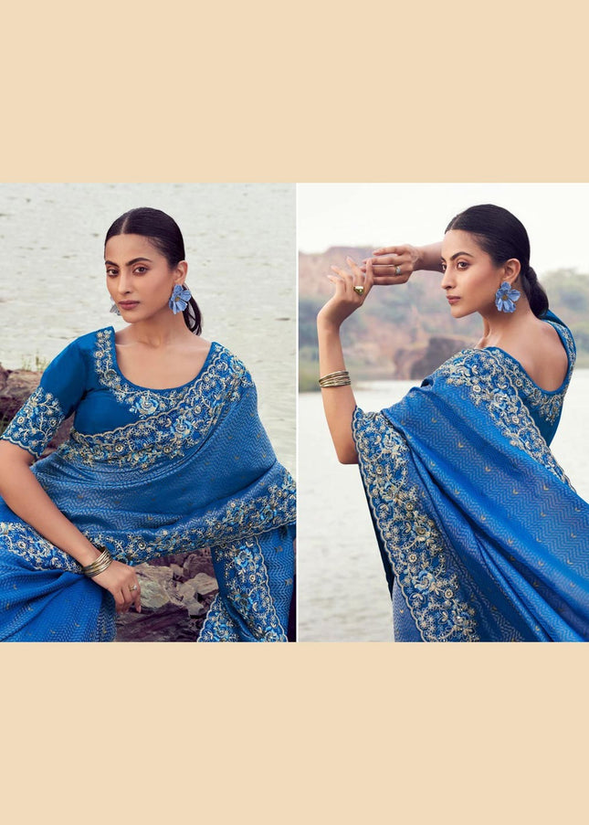 Blue Embroidered Wedding Saree
