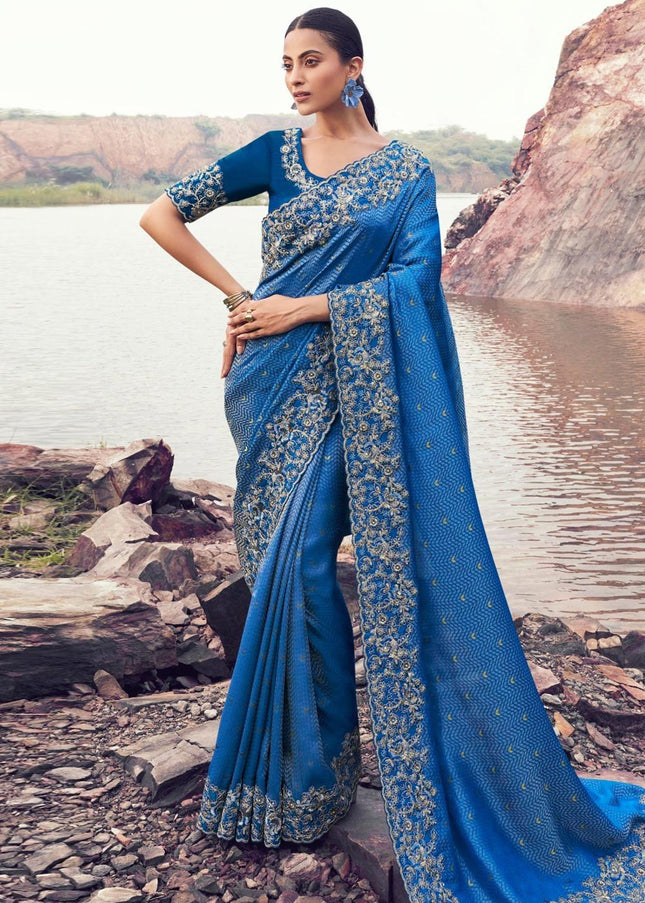 Blue Embroidered Wedding Saree