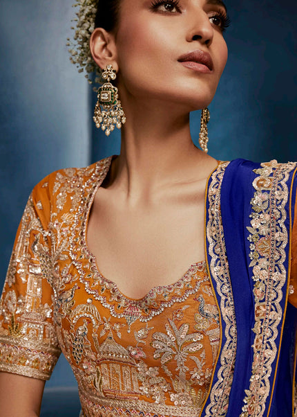 Blue and Orange Embroidered Festive Saree