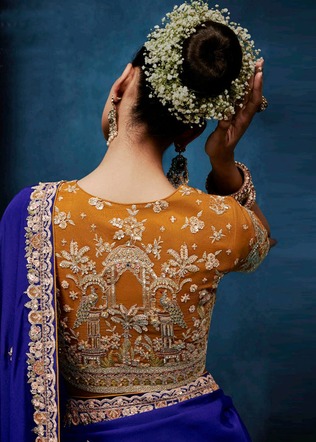 Blue and Orange Embroidered Festive Saree