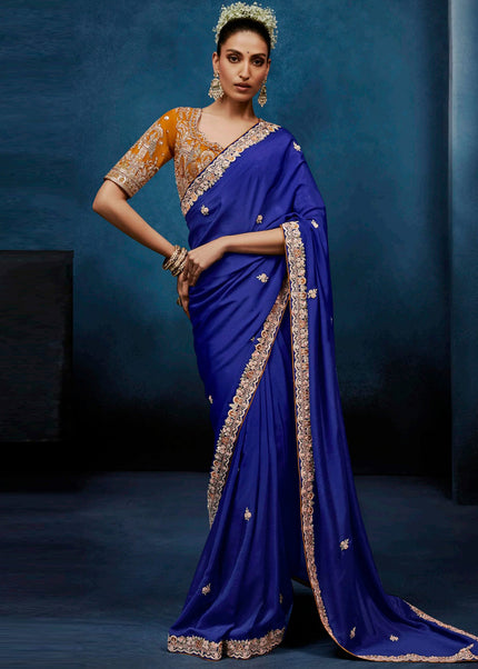 Blue and Orange Embroidered Festive Saree