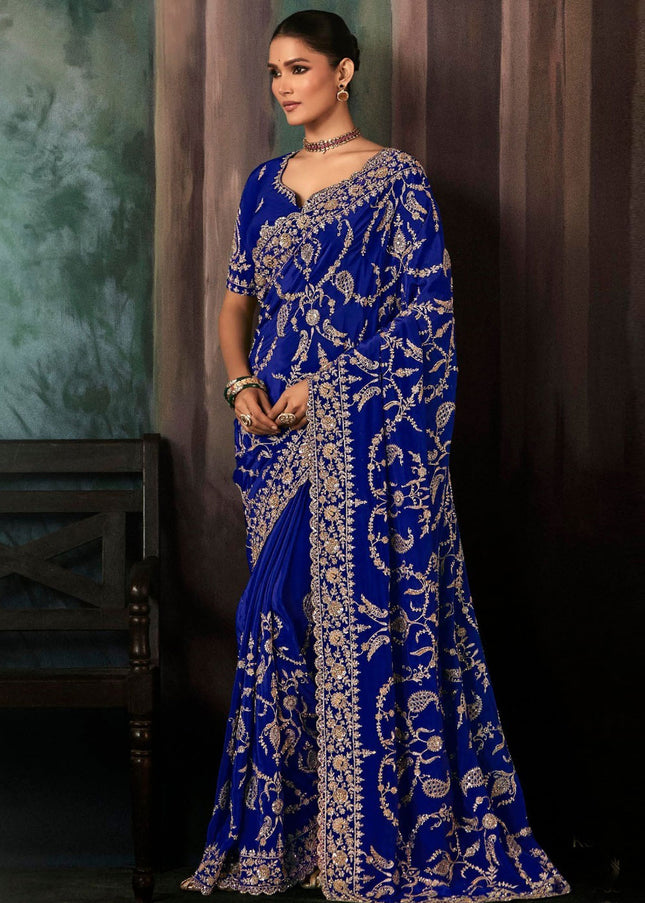 Blue Embroidered Festive Saree