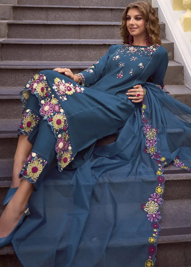 Blue Embroidered Pant Style Suit