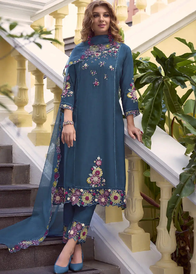 Blue Embroidered Pant Style Suit