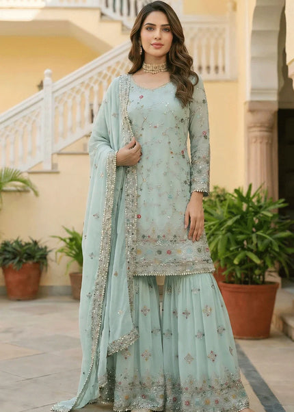 Sky Blue Embroidered Gharara Suit