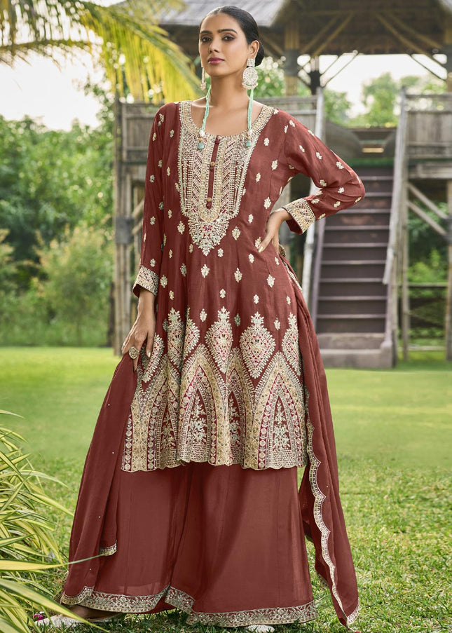 Brown Multi Embroidered Sharara Suit