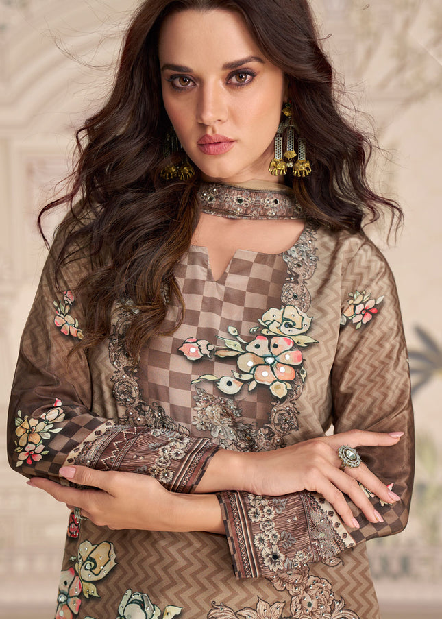 Brown Embroidered Gharara Suit