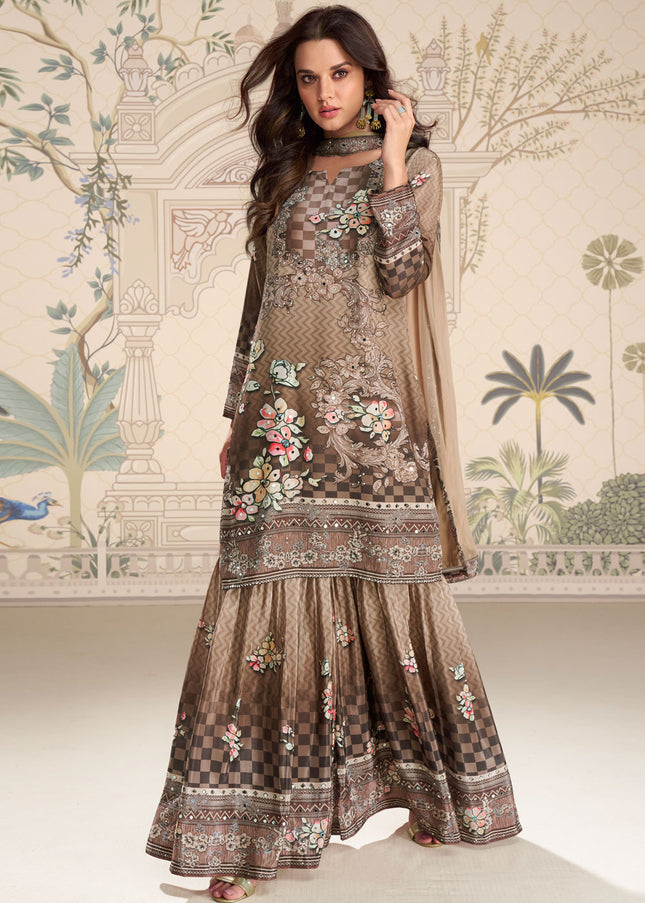 Brown Embroidered Gharara Suit