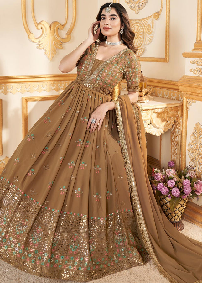 Golden Brown Embroidered Anarkali Gown