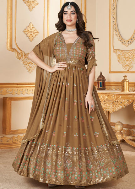 Golden Brown Embroidered Anarkali Gown
