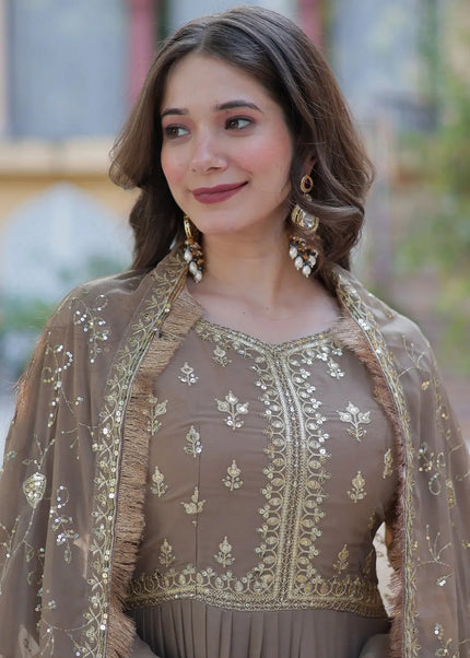 Light Brown and Gold Embroidered Anarkali Gown