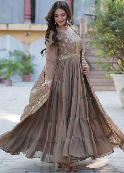 Light Brown and Gold Embroidered Anarkali Gown