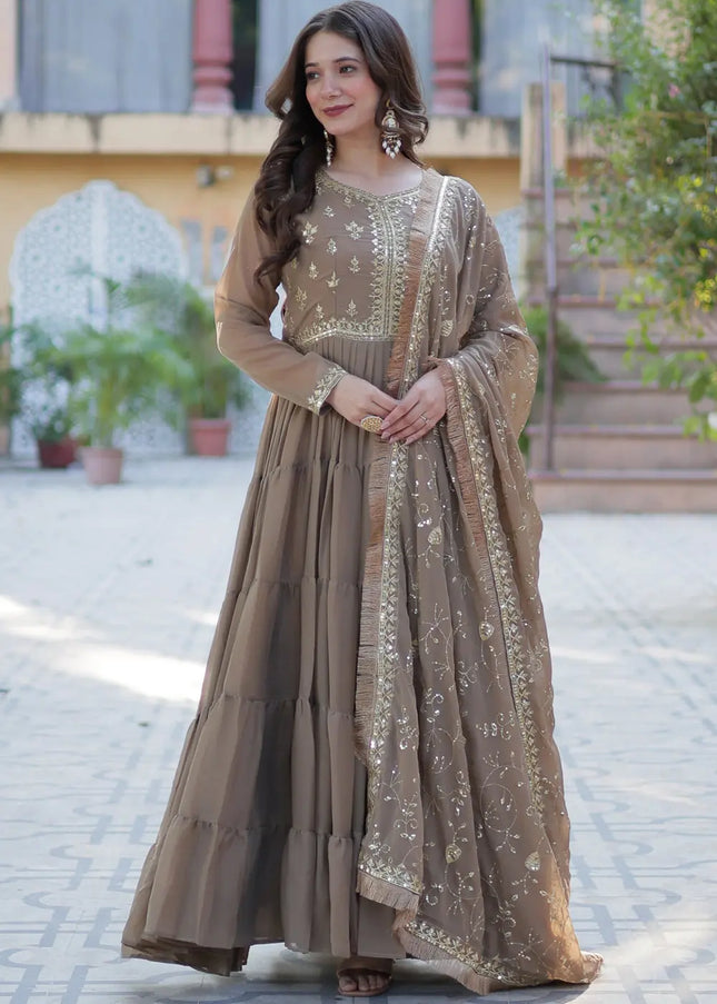Light Brown and Gold Embroidered Anarkali Gown FALAKENOOR Light Brown and Gold Embroidered Anarkali Gown FALAKENOOR