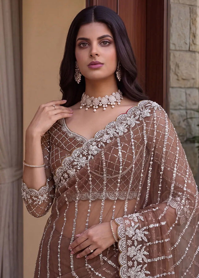 Brown Embroidered Saree