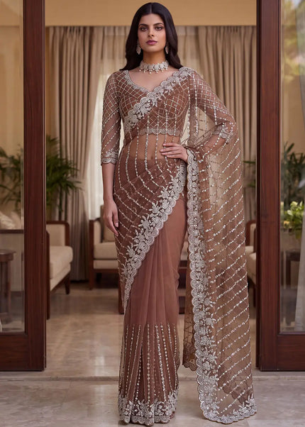 Brown Embroidered Saree