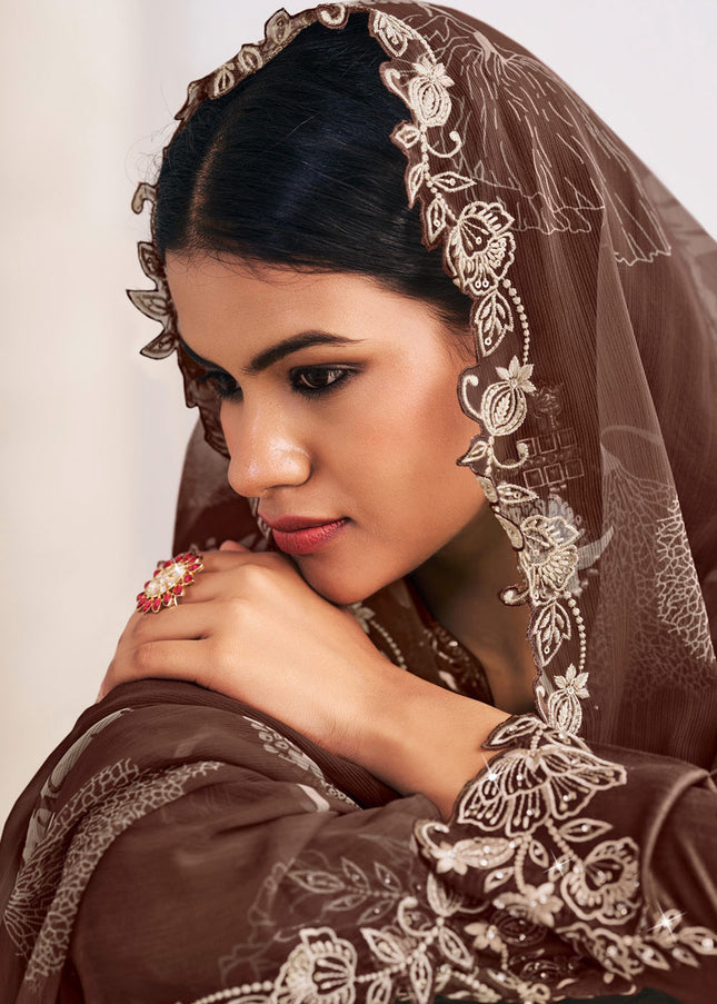 Brown Printed and Embroidered Palazzo Suit