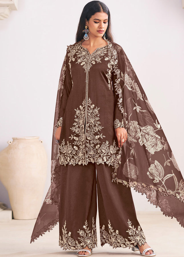 Brown Printed and Embroidered Palazzo Suit