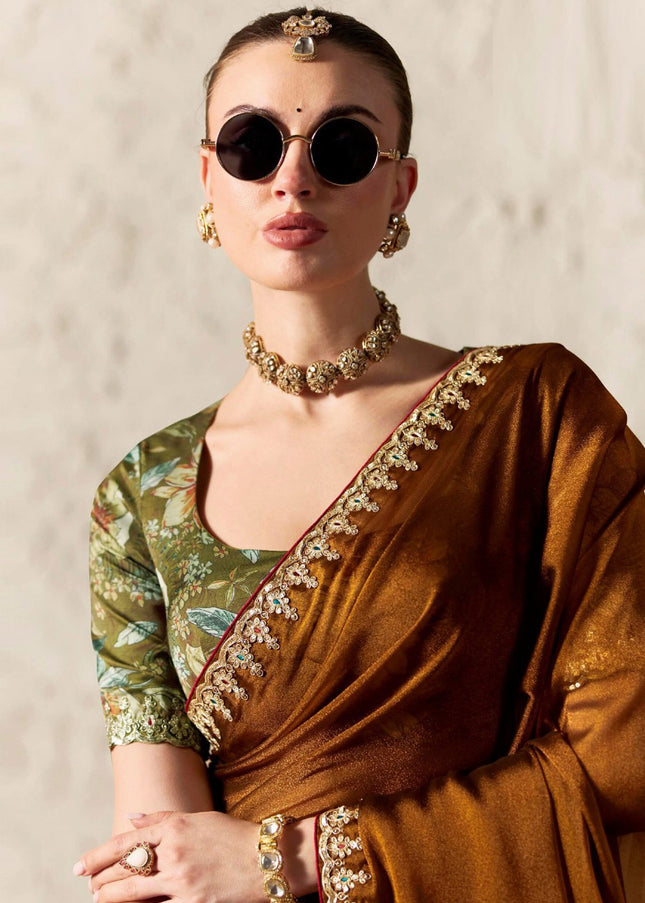 Brown and Green Printed and Embroidered Festive Saree