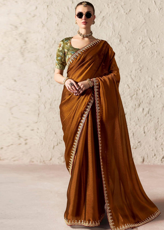 Brown and Green Printed and Embroidered Festive Saree