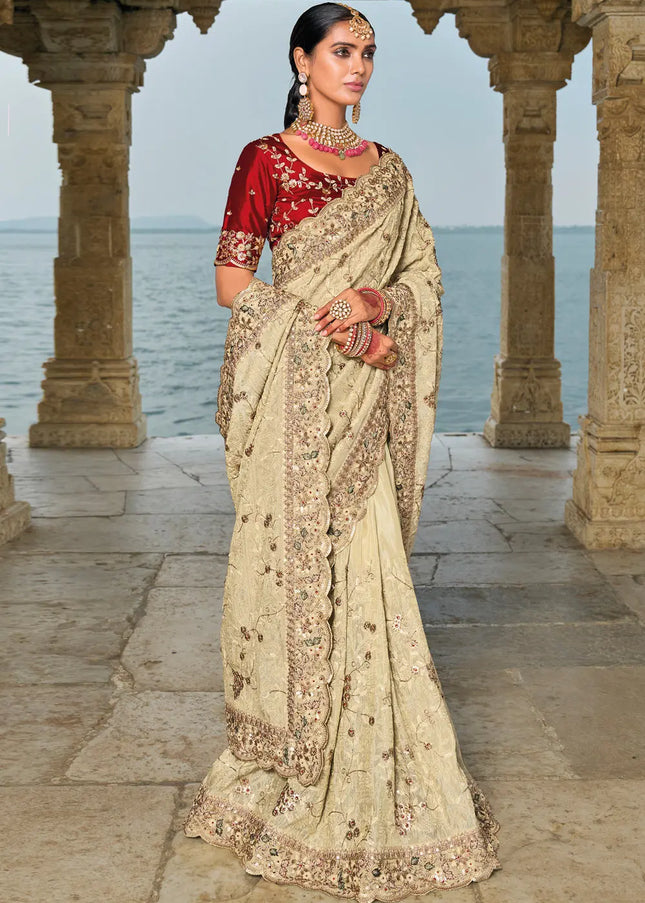 Cream and Red Embroidered Banarsi Silk Saree