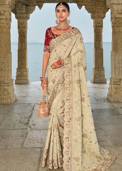 Cream and Red Embroidered Banarsi Silk Saree