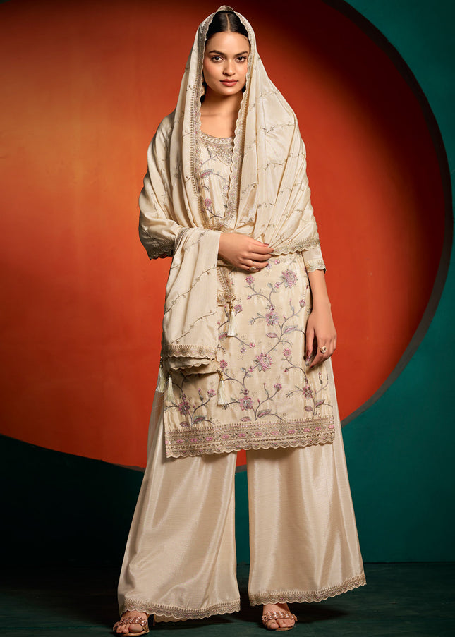 Cream Embroidered palazzo Suit