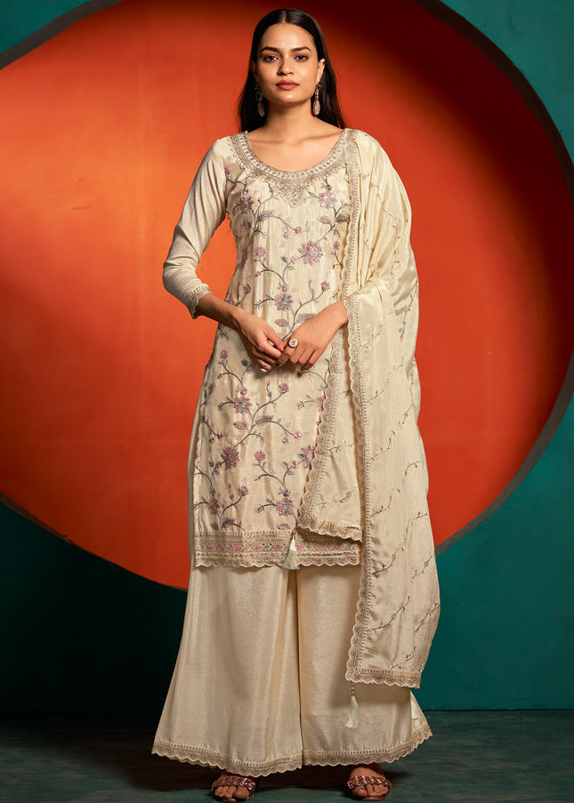 Cream Embroidered palazzo Suit