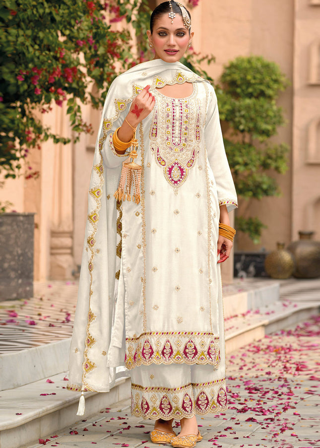 Offwhite Embroidered Palazzo Suit